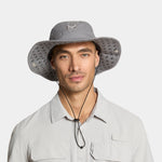 Man wearing a gray wide-brimmed hat with a brand logo on a white background