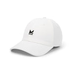 White cap with a black logo on a white background