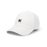White cap with a black logo on a white background