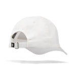 White baseball cap with a brand logo on a white background