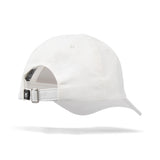 White baseball cap with a brand logo on a white background