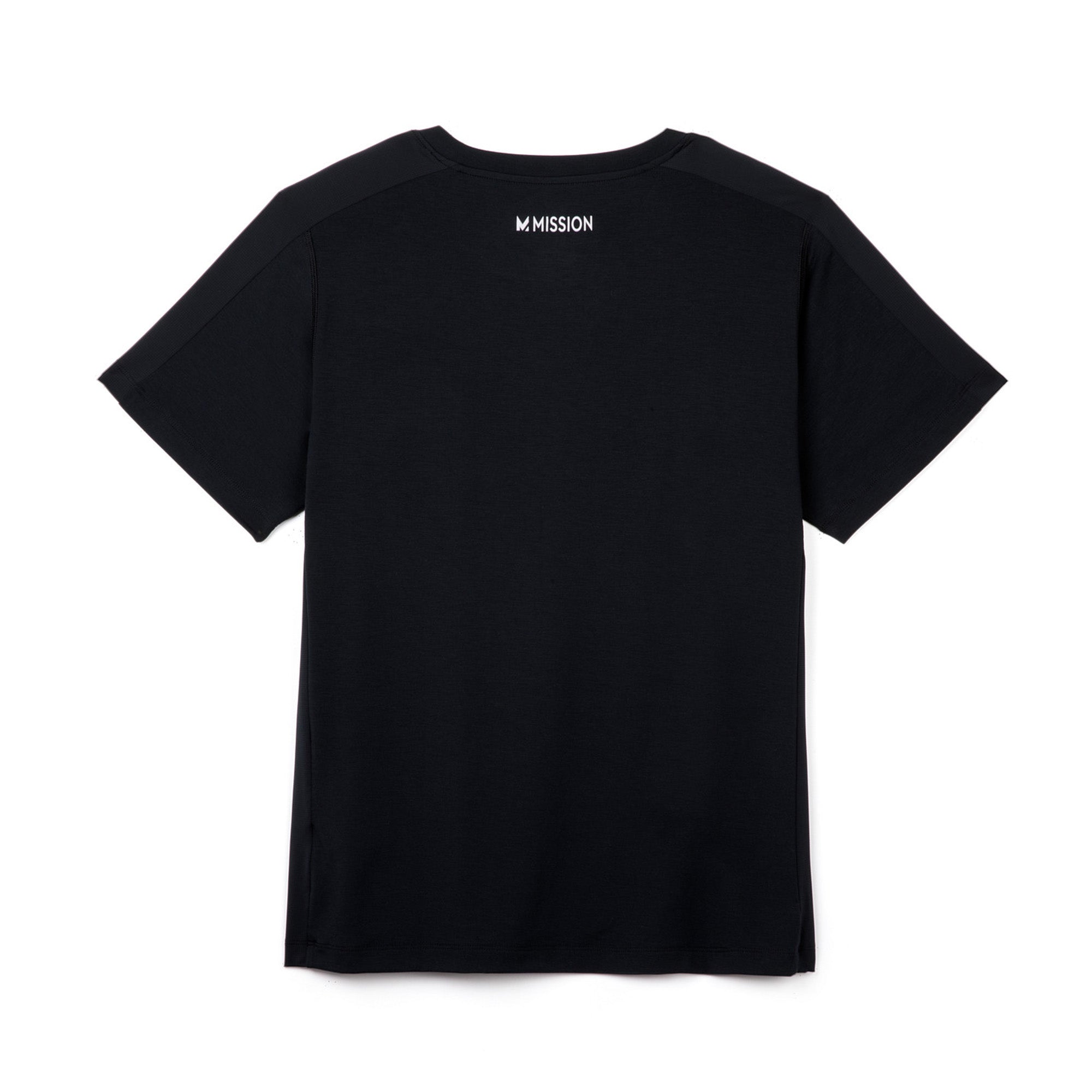 Black t-shirt with 'Mission' branding on the back against a white background