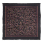 Black square scarf with a brown leopard print pattern on a white background
