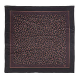 Black square scarf with a brown leopard print pattern on a white background