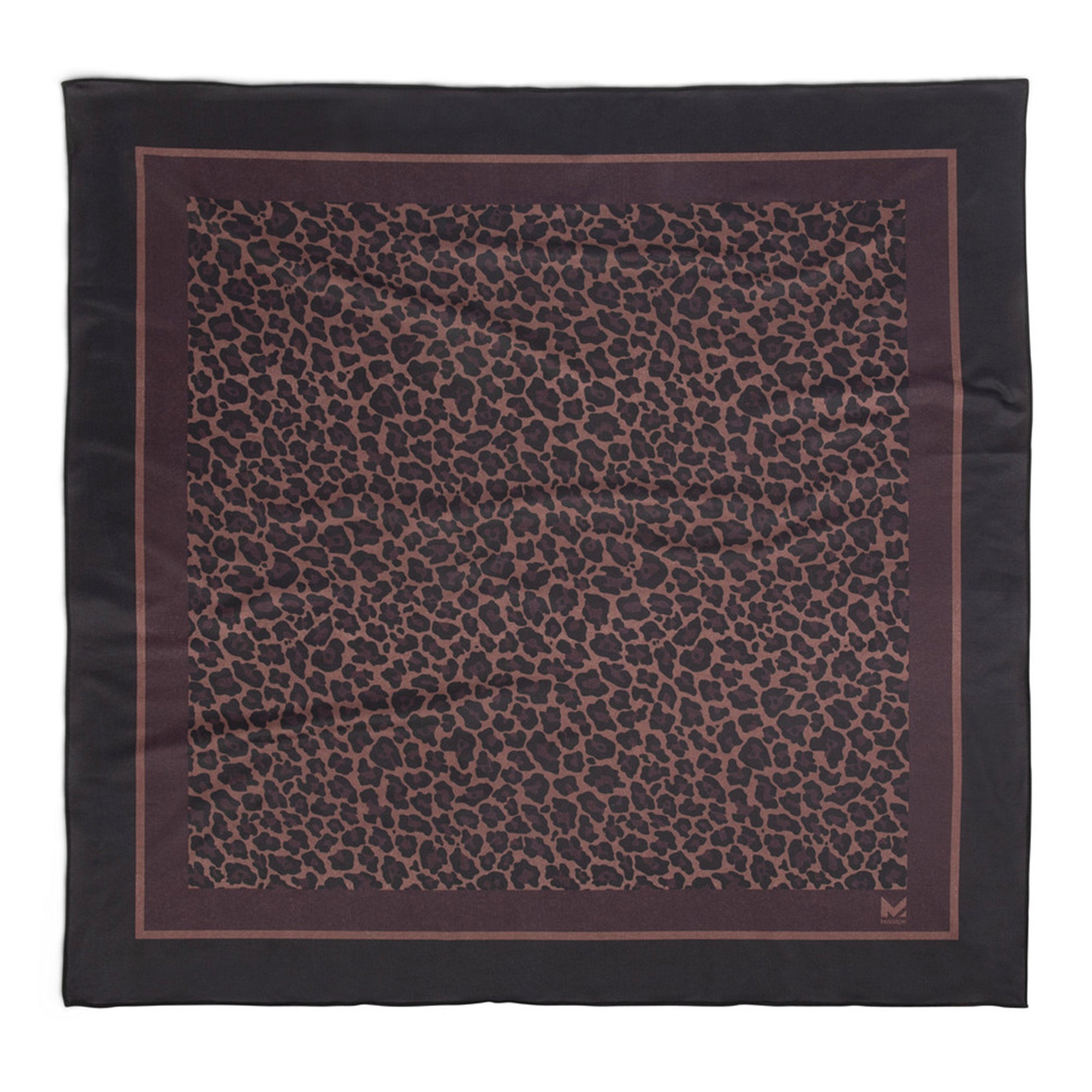 Black square scarf with a brown leopard print pattern on a white background