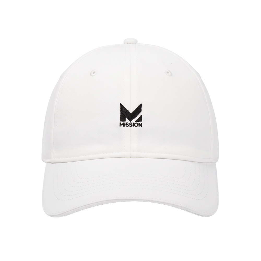 A white baseball cap with a black embroidered Mission logo on the front, shown against a plain white background.