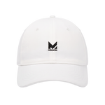 A white baseball cap with a black embroidered Mission logo on the front, shown against a plain white background.