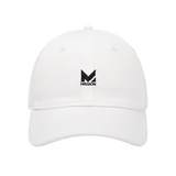 A white baseball cap with a black embroidered Mission logo on the front, shown against a plain white background.