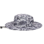 A wide-brimmed boonie hat in a gray and white camouflage pattern, featuring a mesh ventilation band with the Mission One logo and a drawstring with a metal ring on the left side, set against a plain white background.
