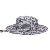 A wide-brimmed boonie hat in a gray and white camouflage pattern, featuring a mesh ventilation band with the Mission One logo and a drawstring with a metal ring on the left side, set against a plain white background.