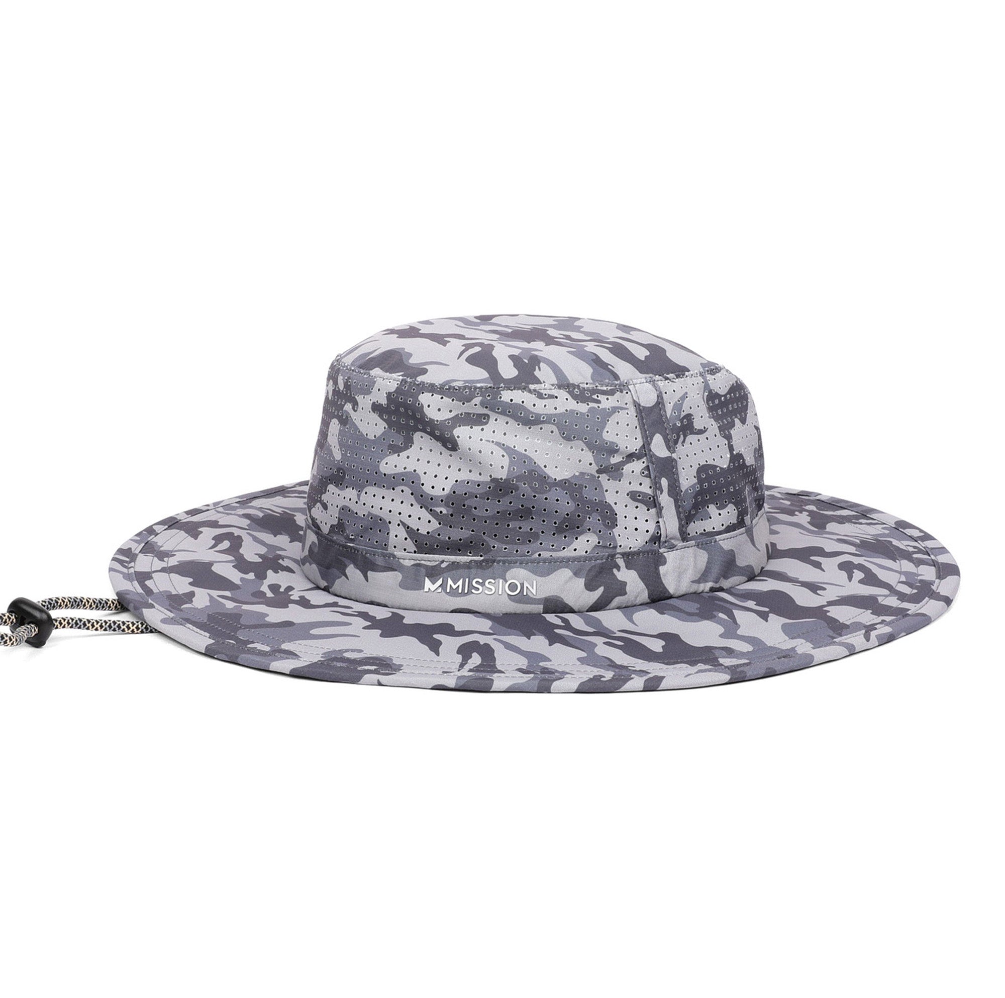 A wide-brimmed boonie hat in a gray and white camouflage pattern, featuring a mesh ventilation band with the Mission One logo and a drawstring with a metal ring on the left side, set against a plain white background.
