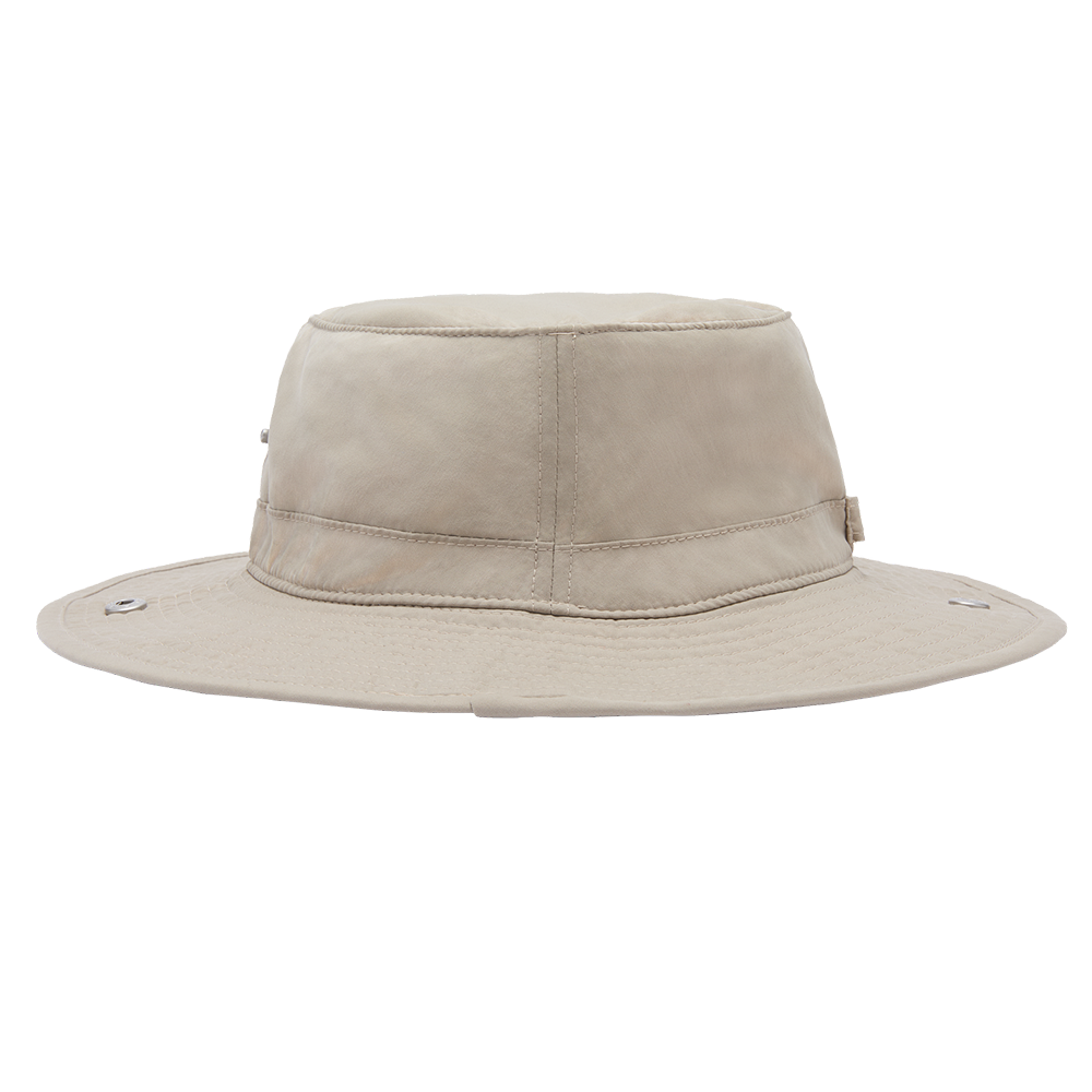 A light beige wide-brim sun hat with a structured crown and visible metal grommets on the brim, shown against a plain white background.