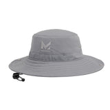 Light gray cooling bucket hat with embroidered Mission logo on the front panel