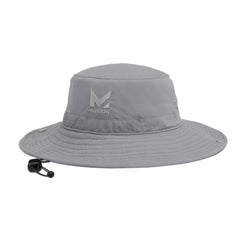 Light gray cooling bucket hat with embroidered Mission logo on the front panel