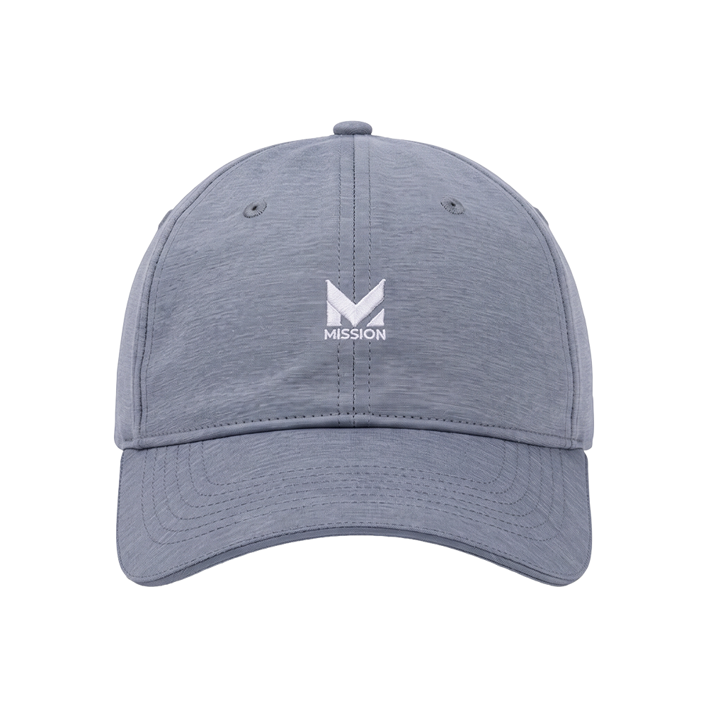 A heather gray baseball cap with a white embroidered Mission logo on the front, shown against a plain white background.