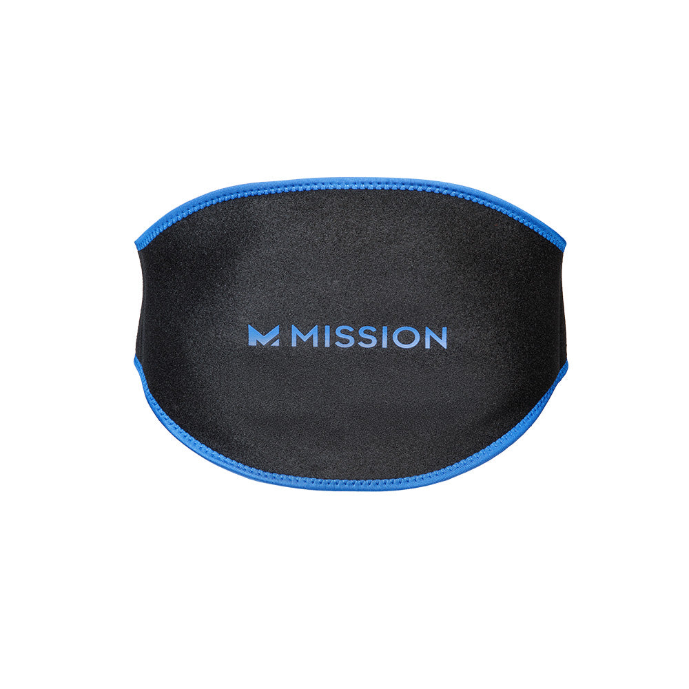 Black Cooling Back Brace with blue trim and 'Mission' logo on a white background