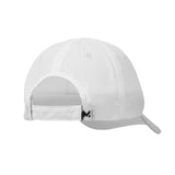 White baseball cap shown from the back, featuring an adjustable fabric strap with a small black logo and a curved brim, set against a plain white background.