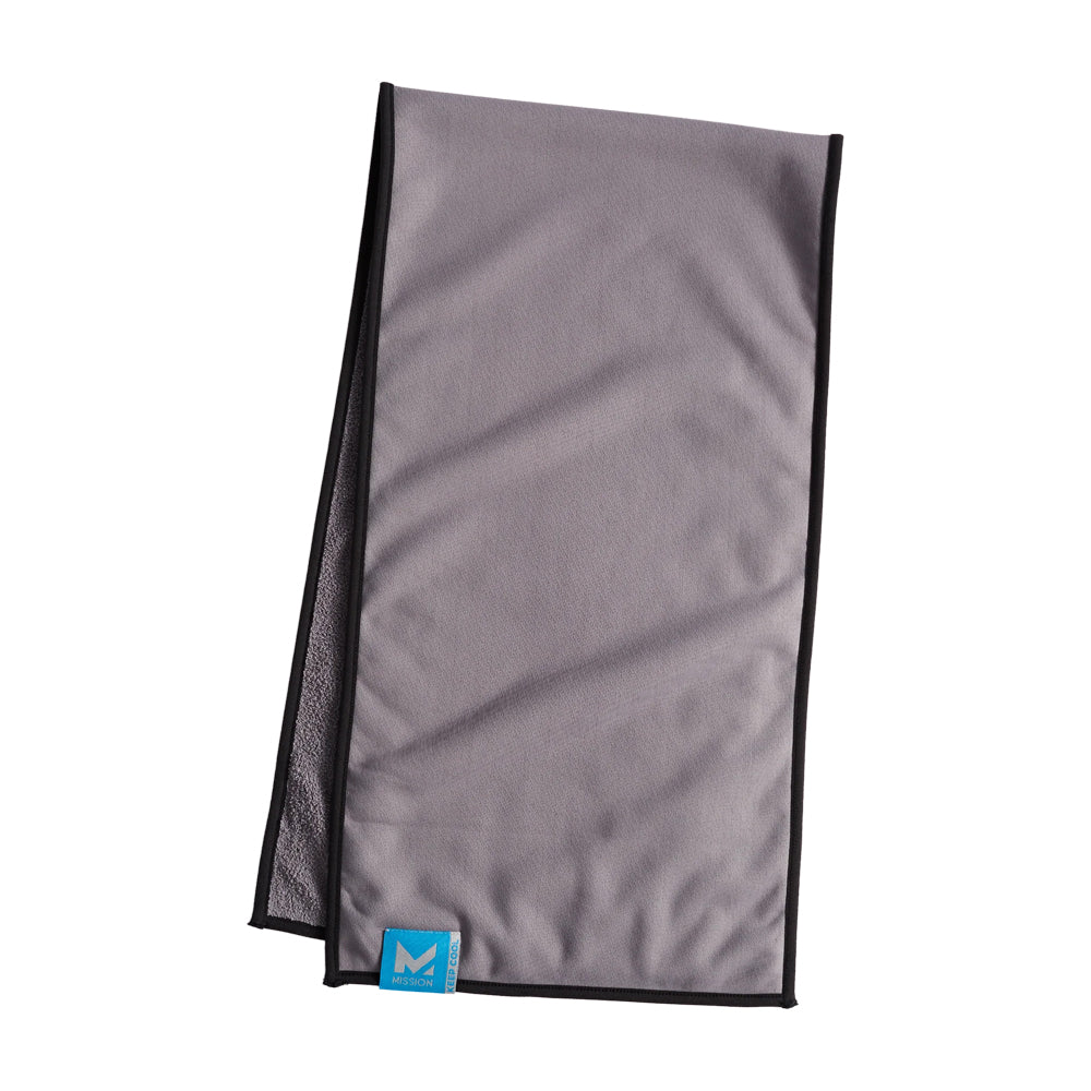 Gray cooling towel with a brand logo on a white background