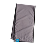 Gray cooling towel with a brand logo on a white background