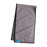 Gray cooling towel with a brand logo on a white background