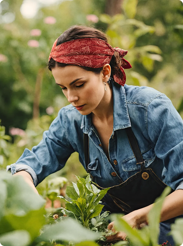 A woman wearing a red patterned headscarf, a blue denim shirt, and dark overalls bends down in a lush green garden, reaching toward leafy plants.
