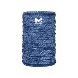 Blue paisley patterned Cooling Neck Gaiter with a Mission logo on a white background