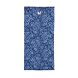Blue paisley patterned Cooling Neck Gaiter with a Mission logo on a white background
