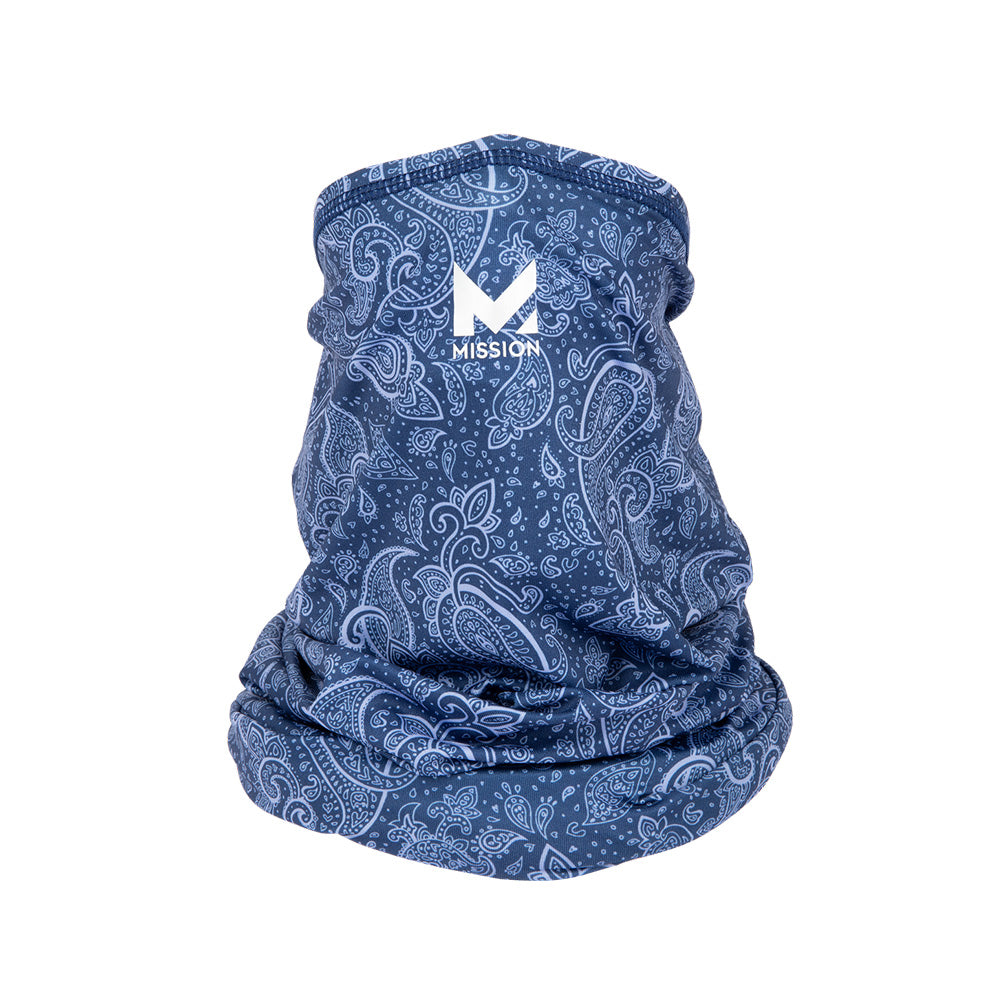 Blue paisley patterned Cooling Neck Gaiter with a Mission logo on a white background
