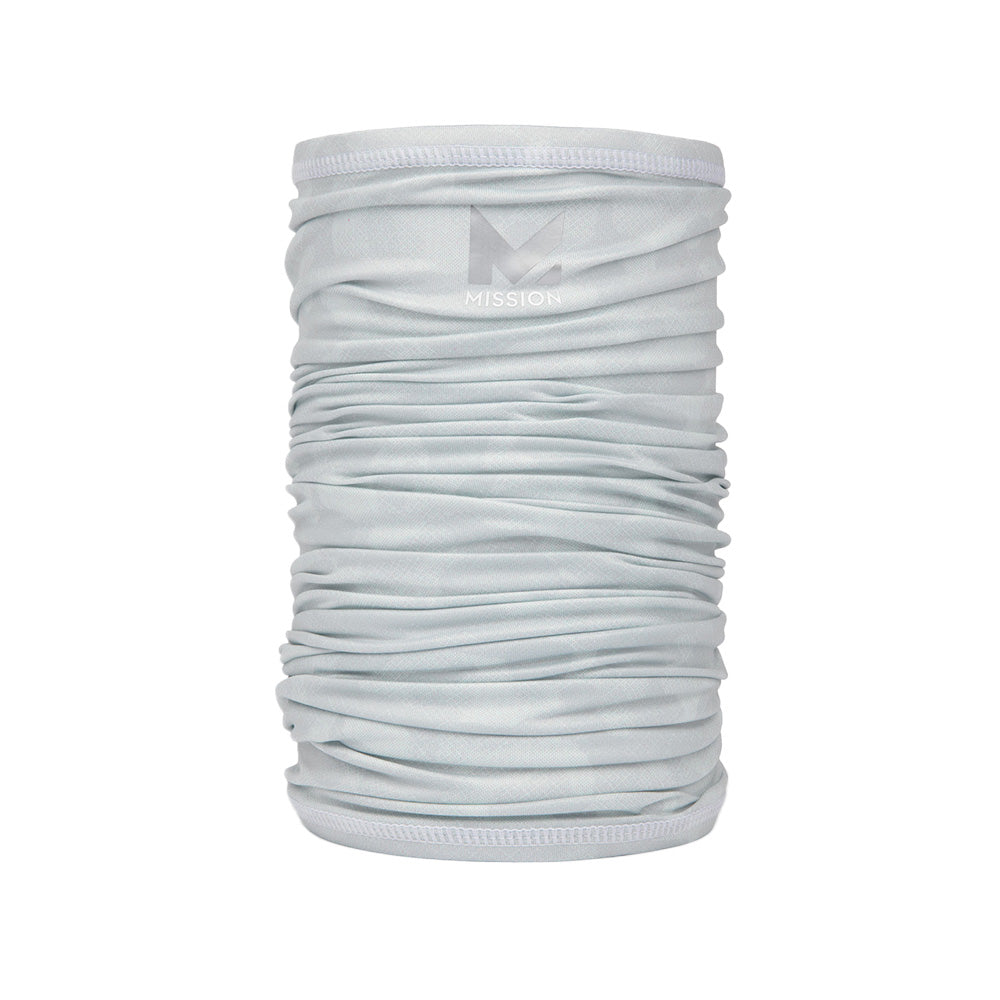 White Camo neck gaiter with a Mission logo on a white background