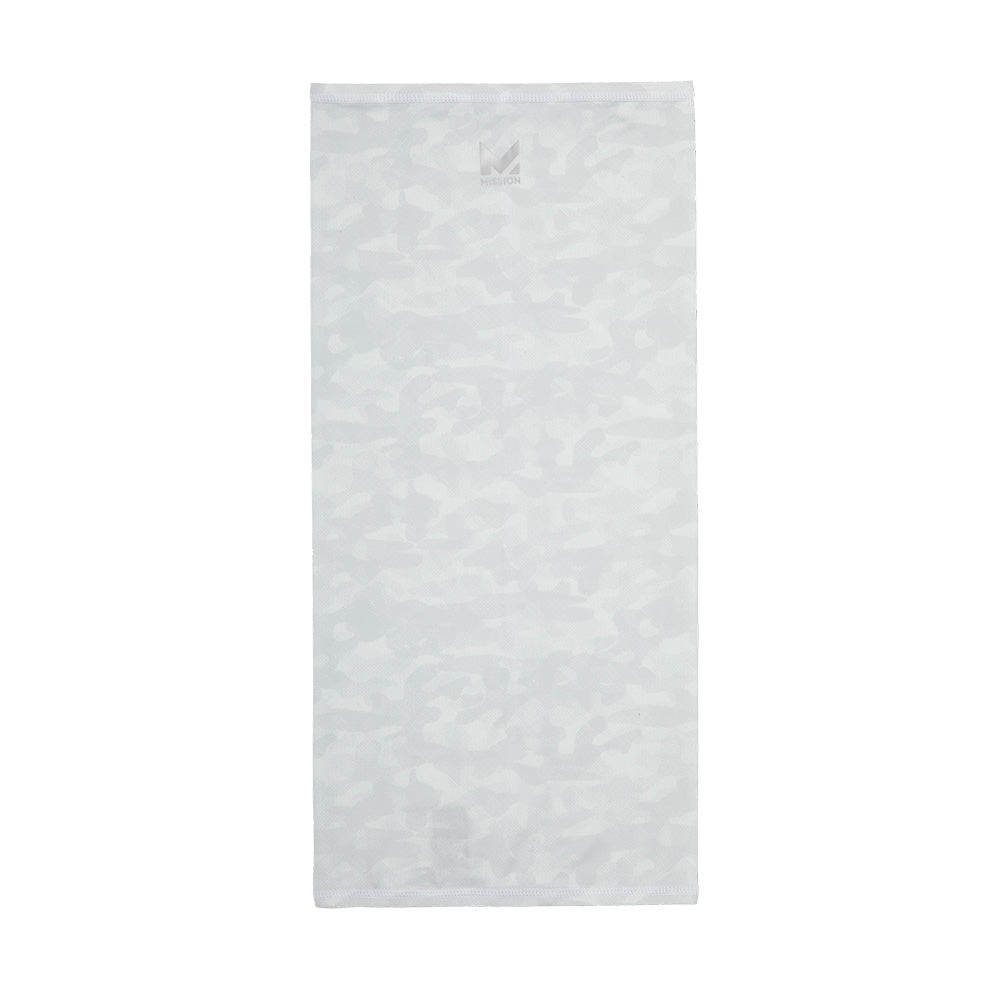 White Camo neck gaiter with a Mission logo on a white background