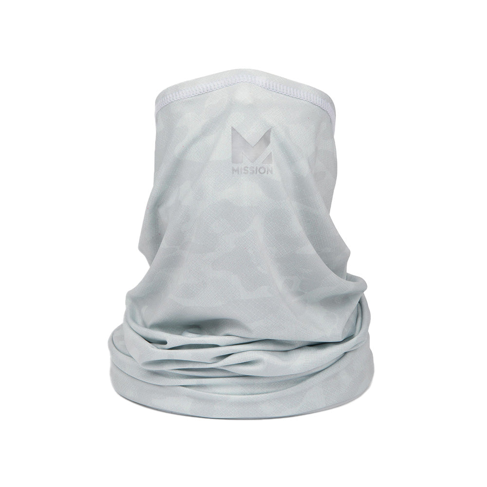 White Camo neck gaiter with a Mission logo on a white background