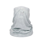 White Camo neck gaiter with a Mission logo on a white background