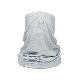 White Camo neck gaiter with a Mission logo on a white background