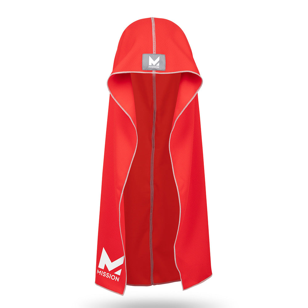 Red hooded towel with 'Mission' branding on a white background