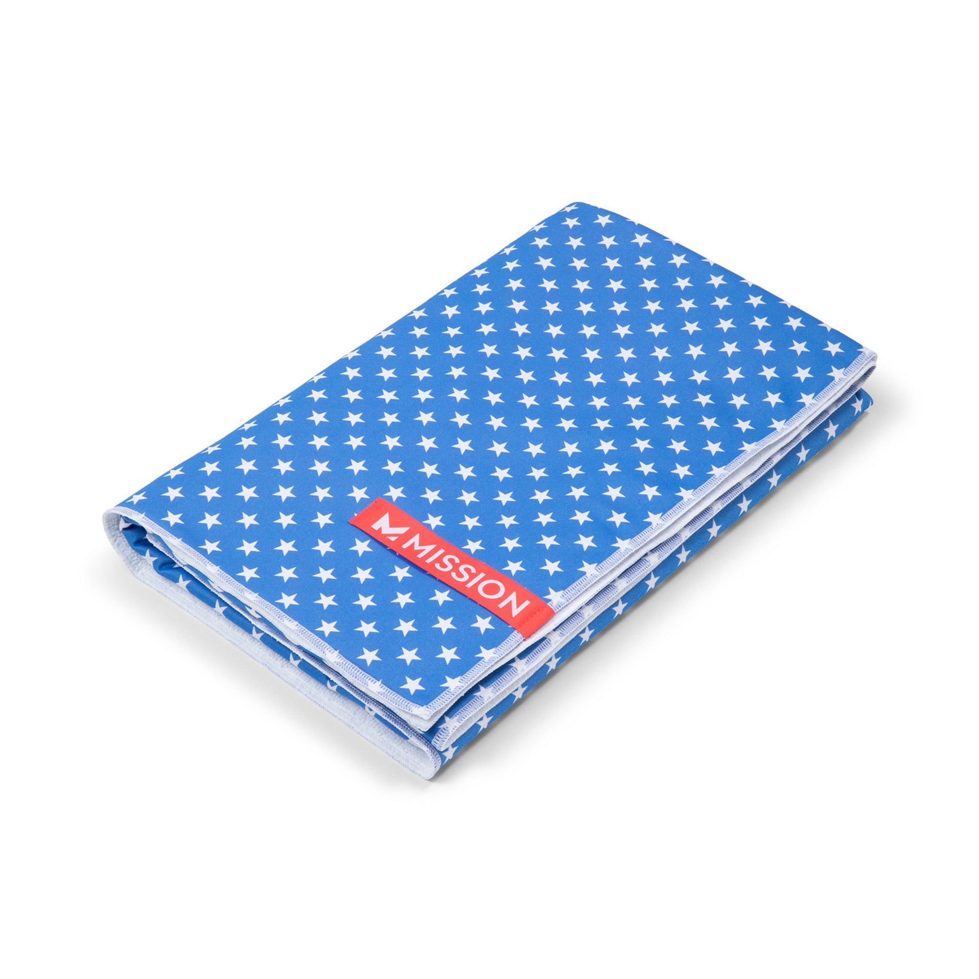 Blue Max Plus Beach Towel with white star pattern and 'Mission' logo on a white background