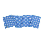 A blue fabric bandana or scarf featuring a white star pattern, laid flat on a solid white background.