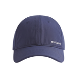 A navy blue baseball cap with a curved brim, featuring a white embroidered 'MISSION' logo on the front right panel, shown against a solid white background.