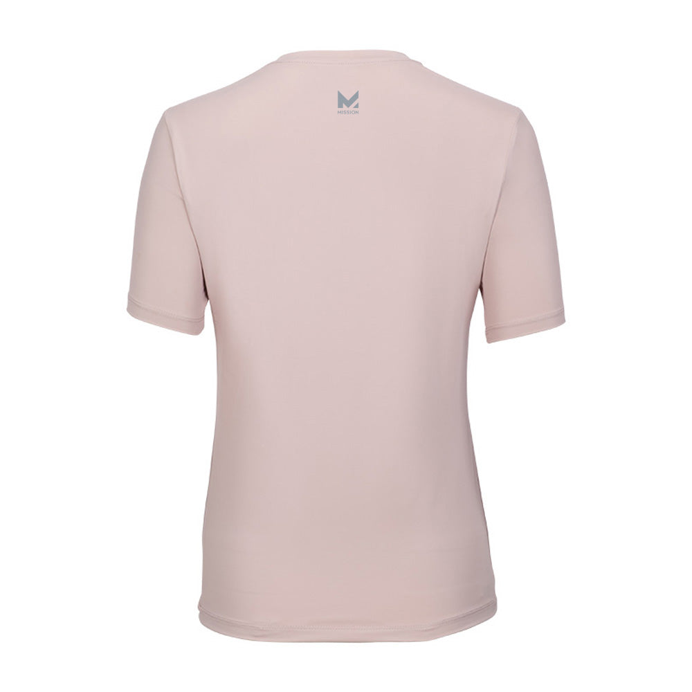 Pink t-shirt with a logo on the chest against a white background