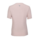Pink t-shirt with a logo on the chest against a white background